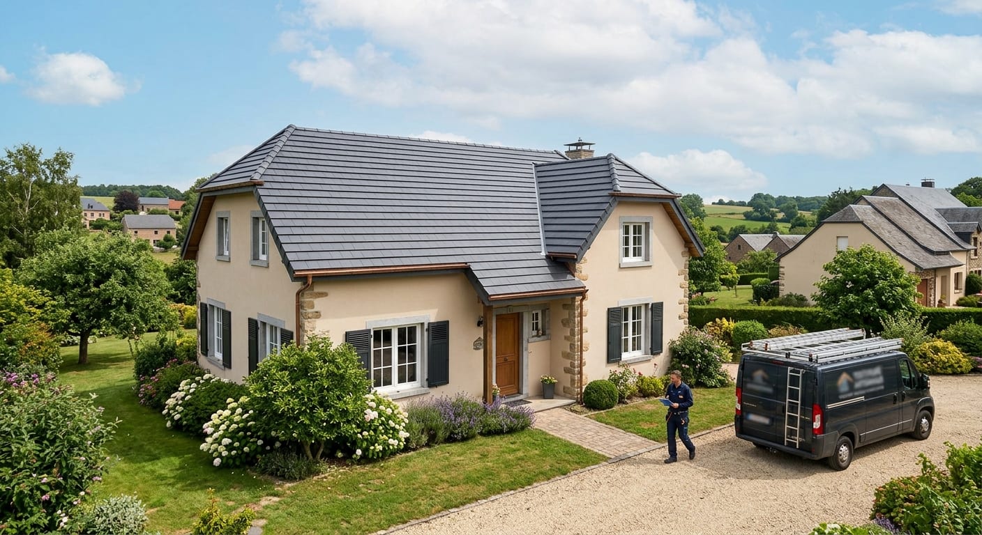 Maison unifamiliale en Wallonie avec une toiture rénovée impeccable vue sous un ciel lumineux, finition moderne et soignée