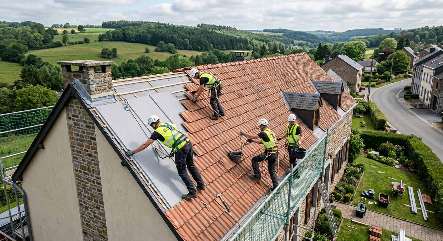 Équipe professionnelle effectuant des travaux de couverture maison réfection prix économique en Wallonie avec soin et sécurité